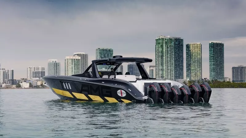 The new AMG-inspired Cigarette Racing boat with six engines and 2,700 horsepower.