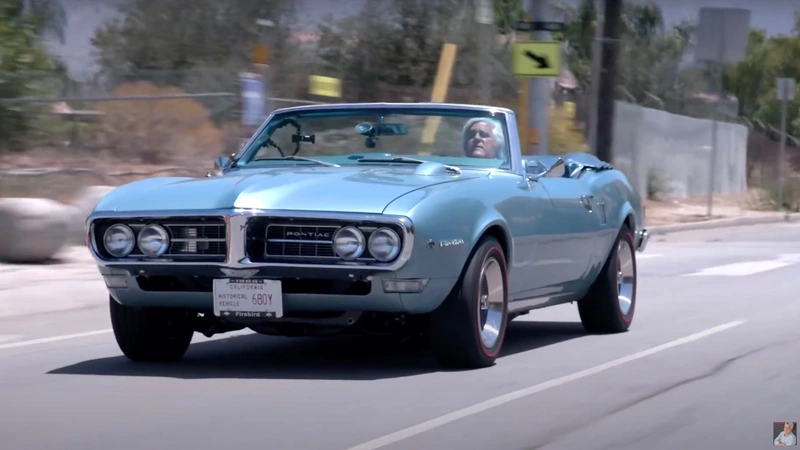 Jay Leno shows off his rare 1968 Pontiac Firebird Sprint six-cylinder car.